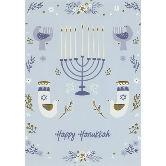 Designer Greetings Menorah Surrounded by Four White and Gray Doves, Flowers and Plants on Light Blue Hanukkah Card