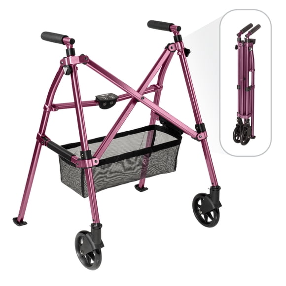 Stander Wonder Walker Plus Short, Two-Wheel Lightweight Junior Folding Walker, Regal Rose