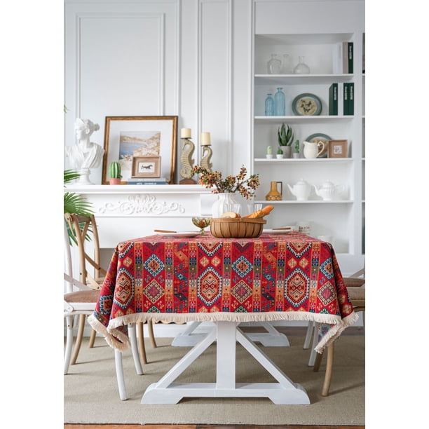 Nvzi Mantel de tela retro para el hogar, rectangular, geométrico, para mesa de té, barra larga, para mesa de comedor, mantel estampado (rojo, 220 x 140 cm)