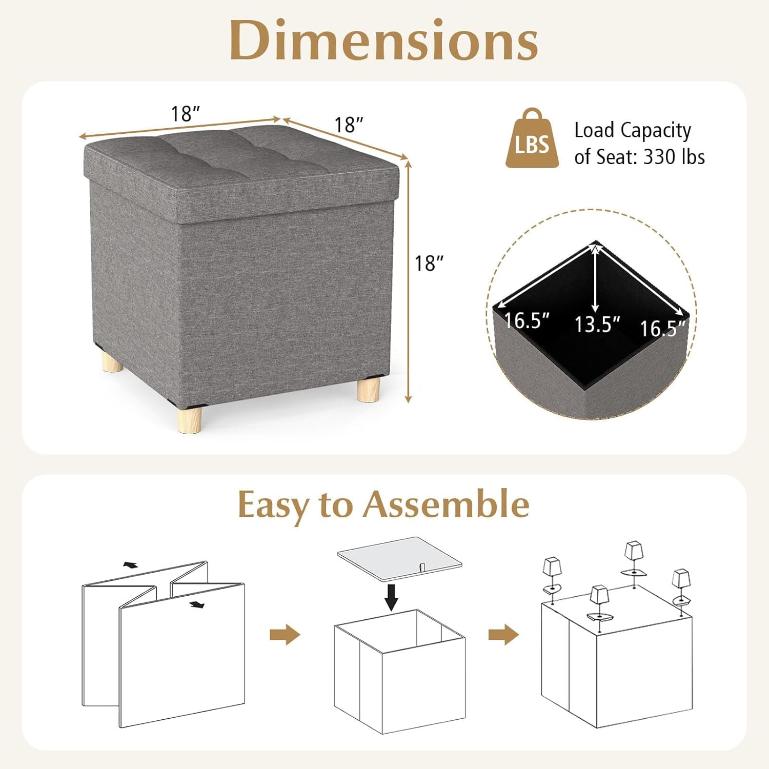 WBTER 18 Inches Storage Ottoman, Linen Fabric Cube Footstool with Rubber Wood Legs, Side Table with Flip Top Tray, Square Foot Rest Stool, Shoe Changing Stool for Living Room, Bedroom, Entryway