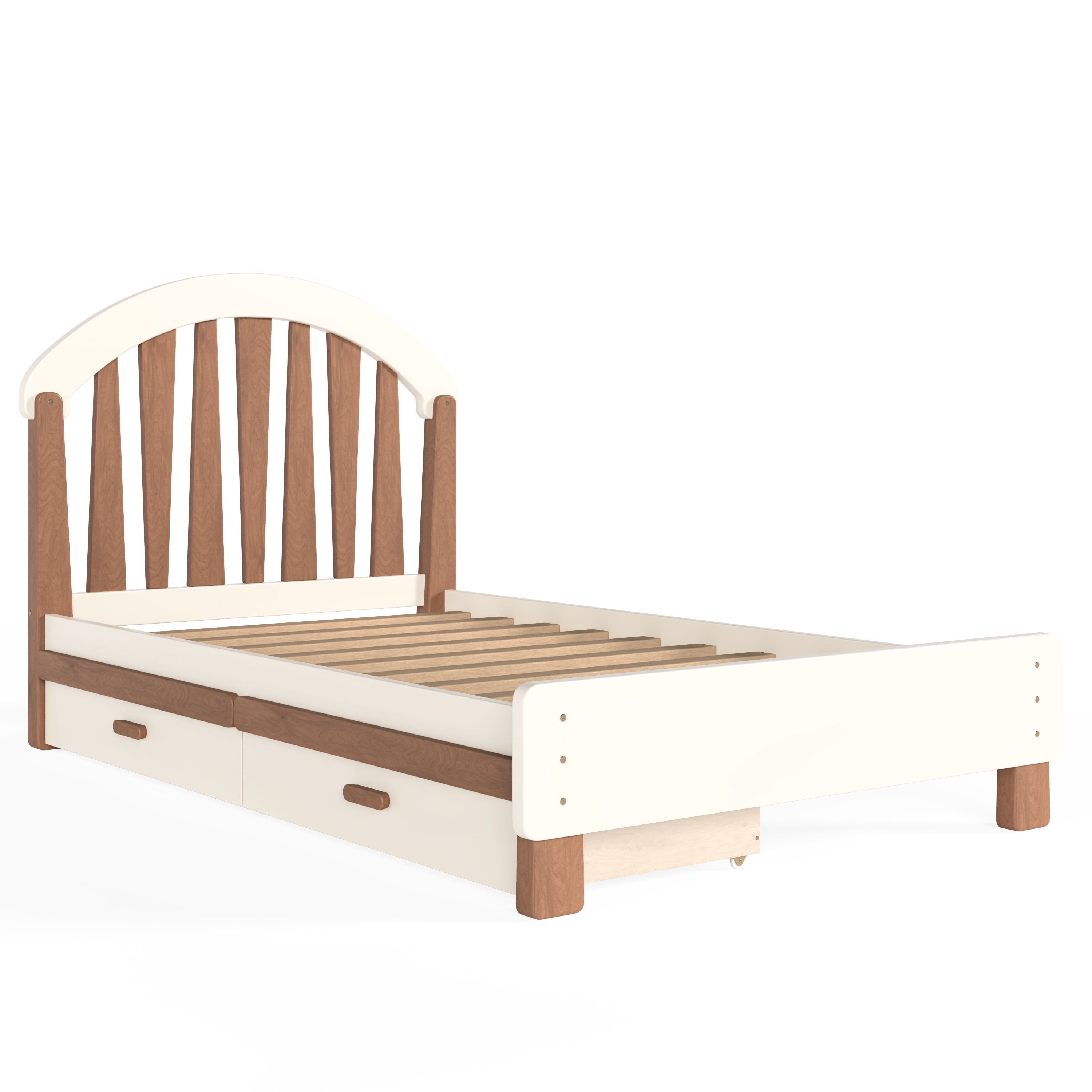 Platform Bed with Storage Drawer and Round Headboard, Twin Solid Wood Bed Frame with No Box Spring Needed for Bedroom, Beige and Natural