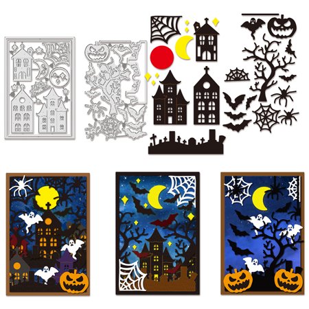 1set Cutting Dies set Castle Spider Bat Pumpkin Pattern Embossing Dies for DIY Scrapbooking Photo Album Decorative Embossing 0.8mm Thick