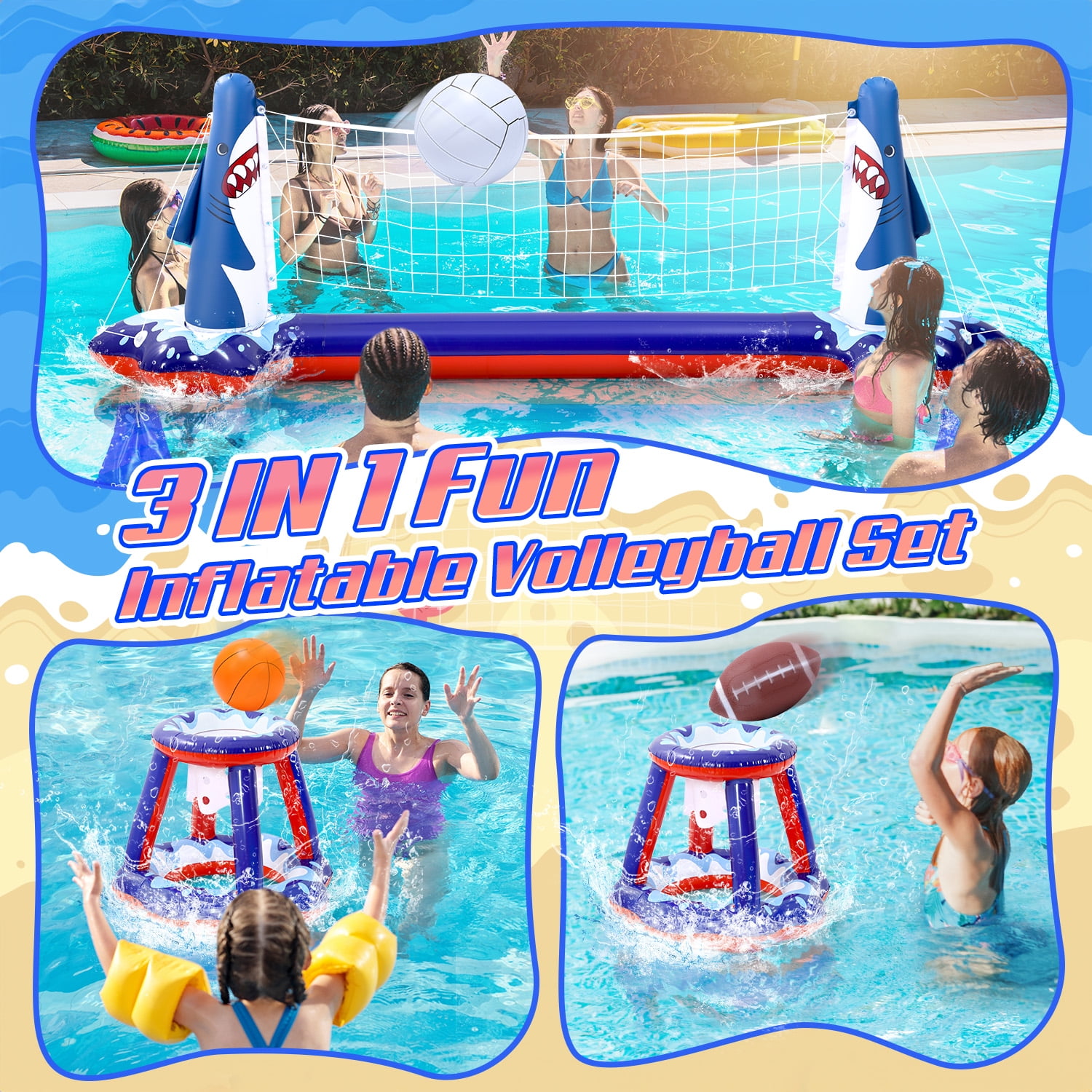 JoyStone Inflatable Pool Toys, 2-in-1 Swimming Pool Basketball & Volleyball Sets, Floating Basketball Hoop and Water Football, Summer Pool Game for Kids and Adults(Upgraded)