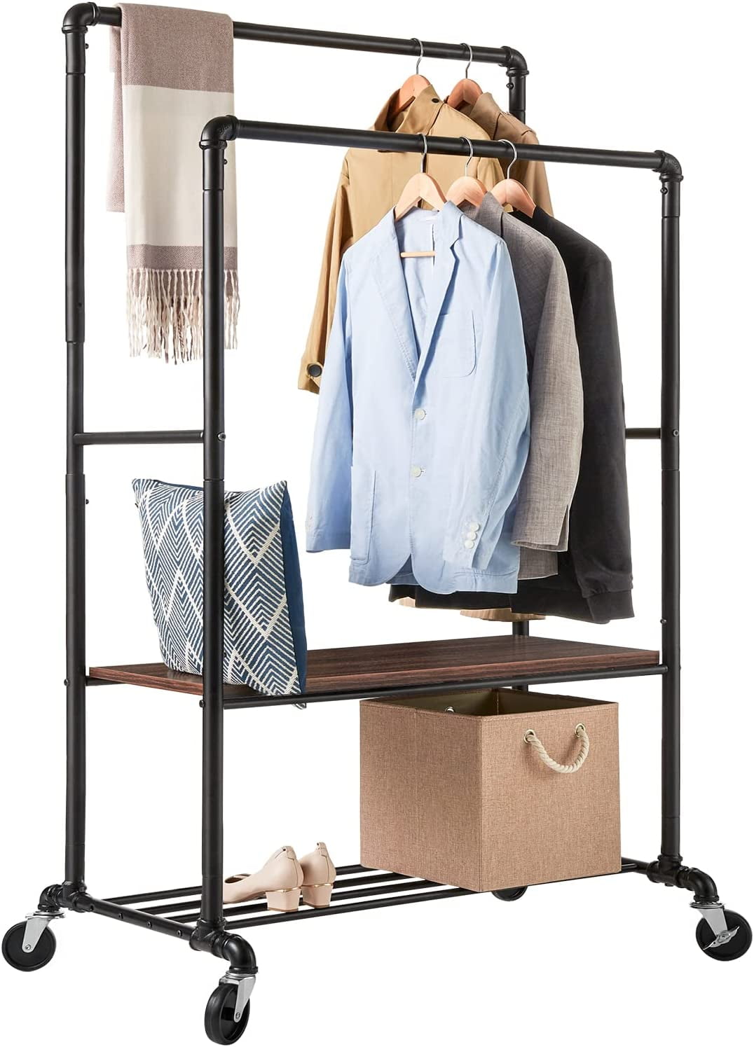Rack with Shelves, Industrial Pipe Style Rolling Garment Rack, Heavy