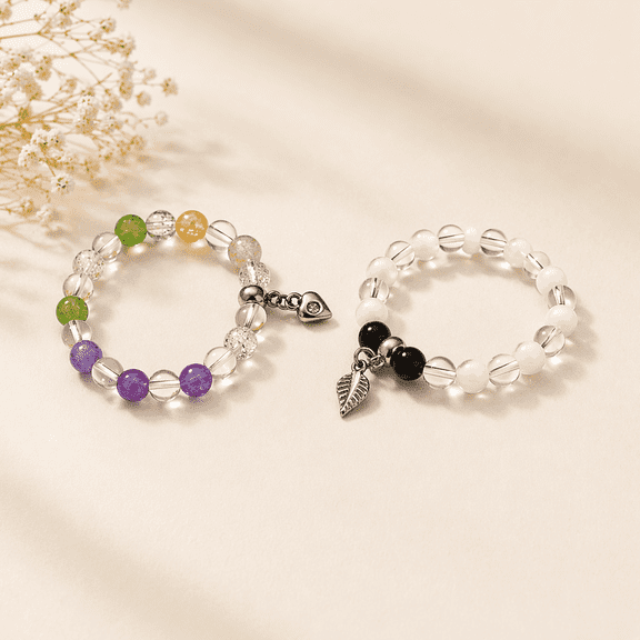Beaded Bracelet Set 2 for Women, Multicolor Crystal Beads with Charm Design, Stretchable Elastic Hand Jewelry for Daily Wear PAck of 2