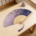 thumbnail image 5 of Oriental Bamboo Folding Hand Fan, Silk Fabric Bamboo Handheld Fan with Tassel, For Church Wedding Gift, Party Favors, DIY Decoration Gift, 15" x 8.3", Chinese Vintage Retro Style, 5 of 6
