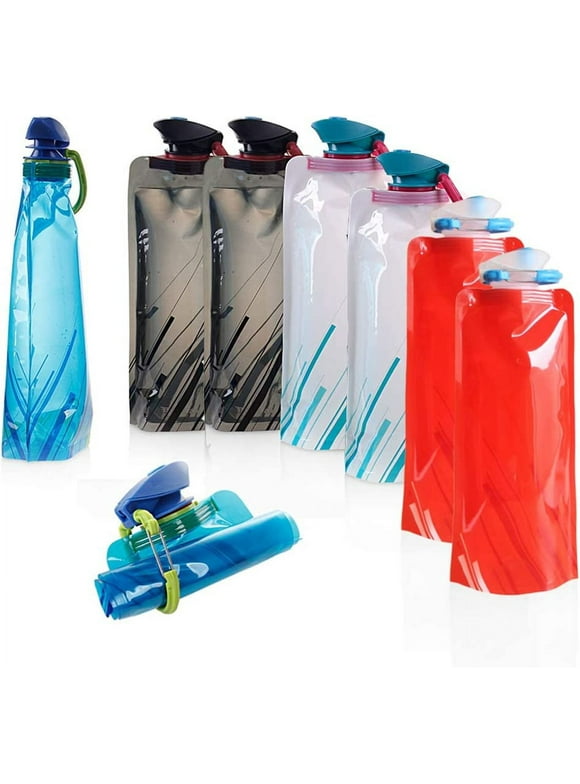 STONCEL 8PC Collapsible Foldable Water Bottle, BPA Free Portable Reusable Water Bag with Carabiner for Outdoor Sports, Hiking, Adventure, Travel, Cycling (700ml, Blue, White, Red, Black)