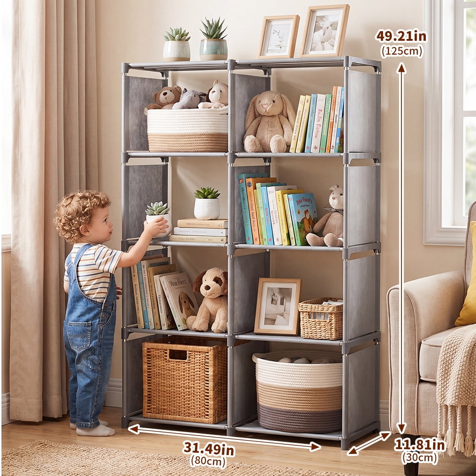 HONEIER Bookshelf, 8-Cube Storage Organizer, 5-Tier Open Bookcase for Bedroom Living Room Office, Gray