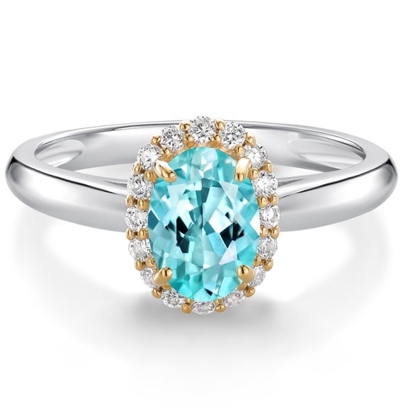 Gem Stone King 925 Sterling Silver and 10k Yellow Gold Blue Apatite and White Lab Grown Diamond Halo Engagement Ring for Women (0.95 Cttw, Gemstone, Oval 7X5MM, Size 8)
