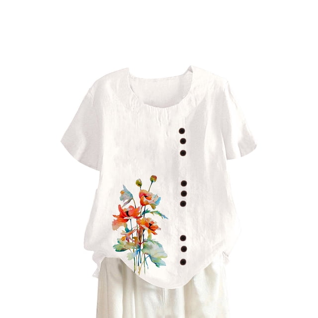 Camisetas de Manga Corta para las Mujeres Botón de Impresión Casual Cuello Redondo Camiseta Superior, Blusas para las Mujeres Casual