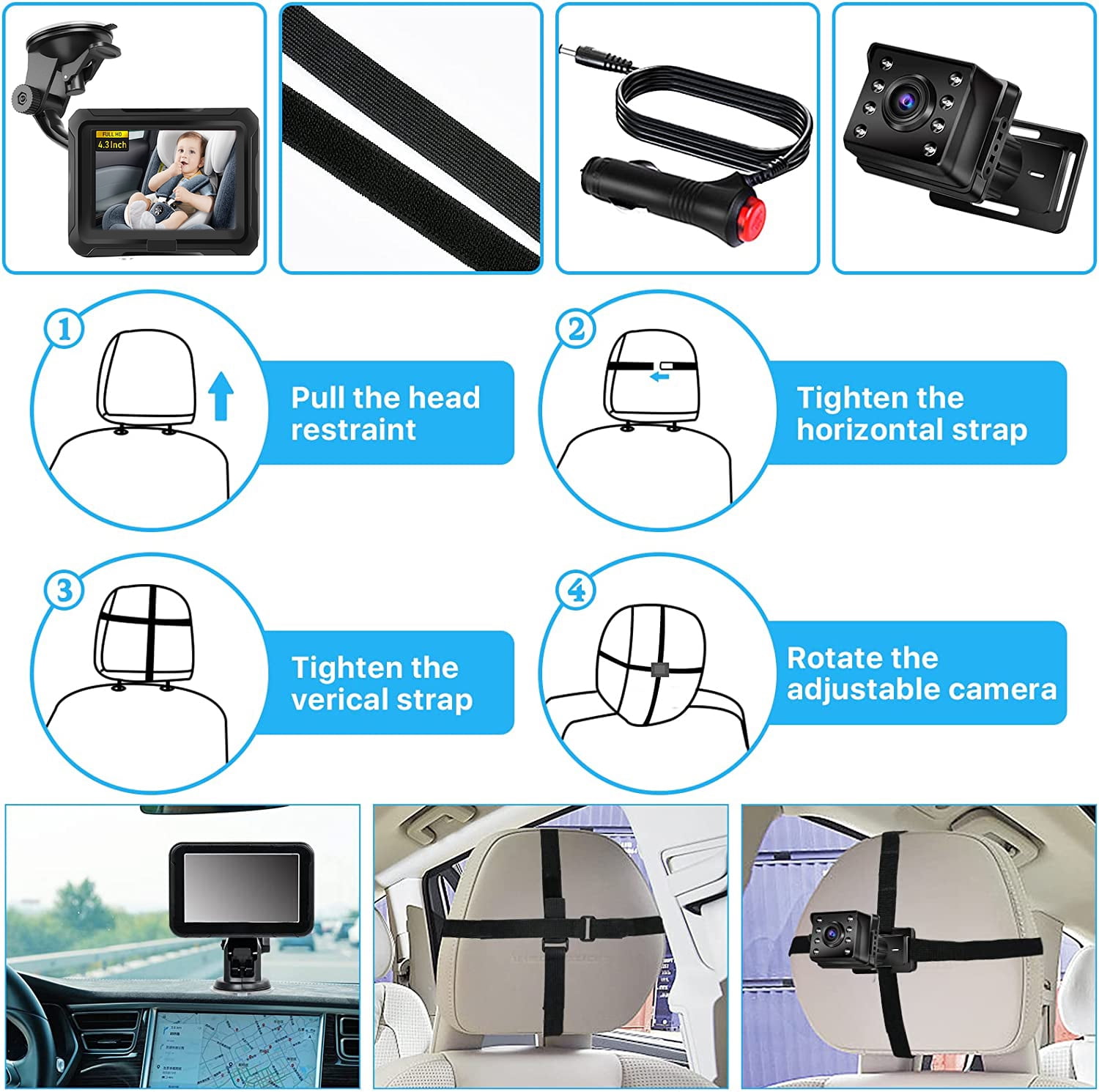Byseng Baby Car Camera, 4.3" HD 1080P Rear Facing, Car Baby Monitor with IPS LCD, Adjustable