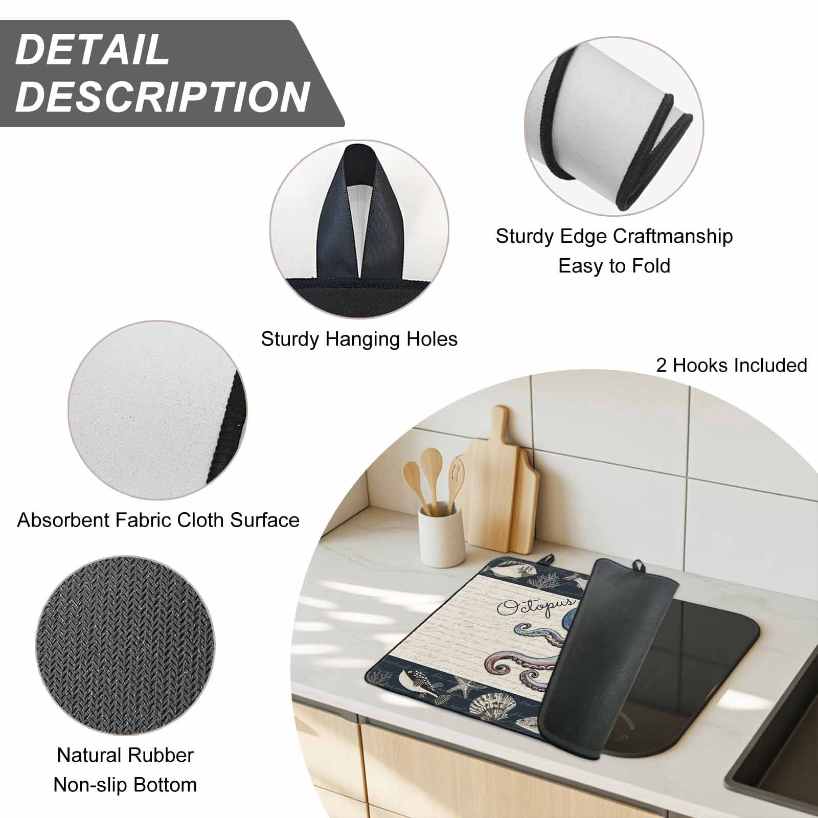 Coastal Octopus Stove Top Cover for Electric Stove, Heat-proof & Non Slip Glass Top Stove Cover Protector, Nautical Ocean Beach Fish Starfish Kitchen Flat Cooktop Rubber Mat 24x21 Inches