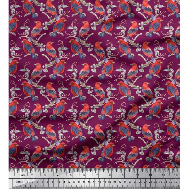 Soimoi Pink Poly Georgette Fabric Branches & American Robin Bird Fabric Prints by Yard 42 Inch Wide