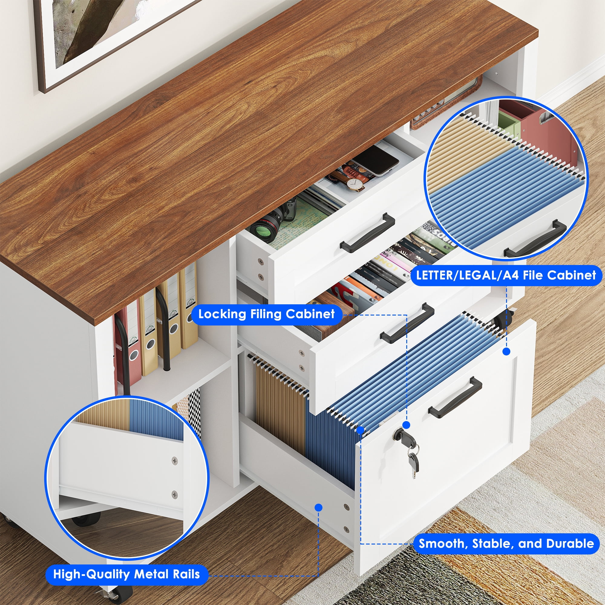 Modfurne 3 Drawer Wood Mobile Large lateral File Cabinet, Lockable Rolling Filing Cabinet, Printer Stand Home Office Storage Fits Files Legal/A4 (White)