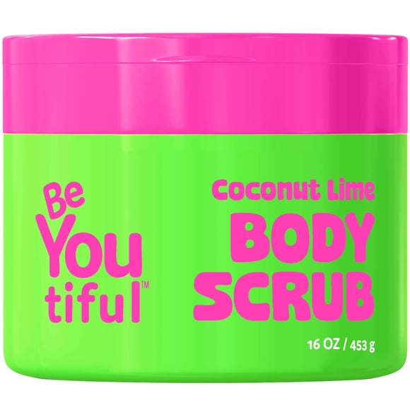 BeYOUtiful Exfoliante corporal de azúcar y lima de coco para niños y adolescentes - Exfoliante suave con aceite de almendras dulces de karité y vitamina E sin crueldad 16 oz