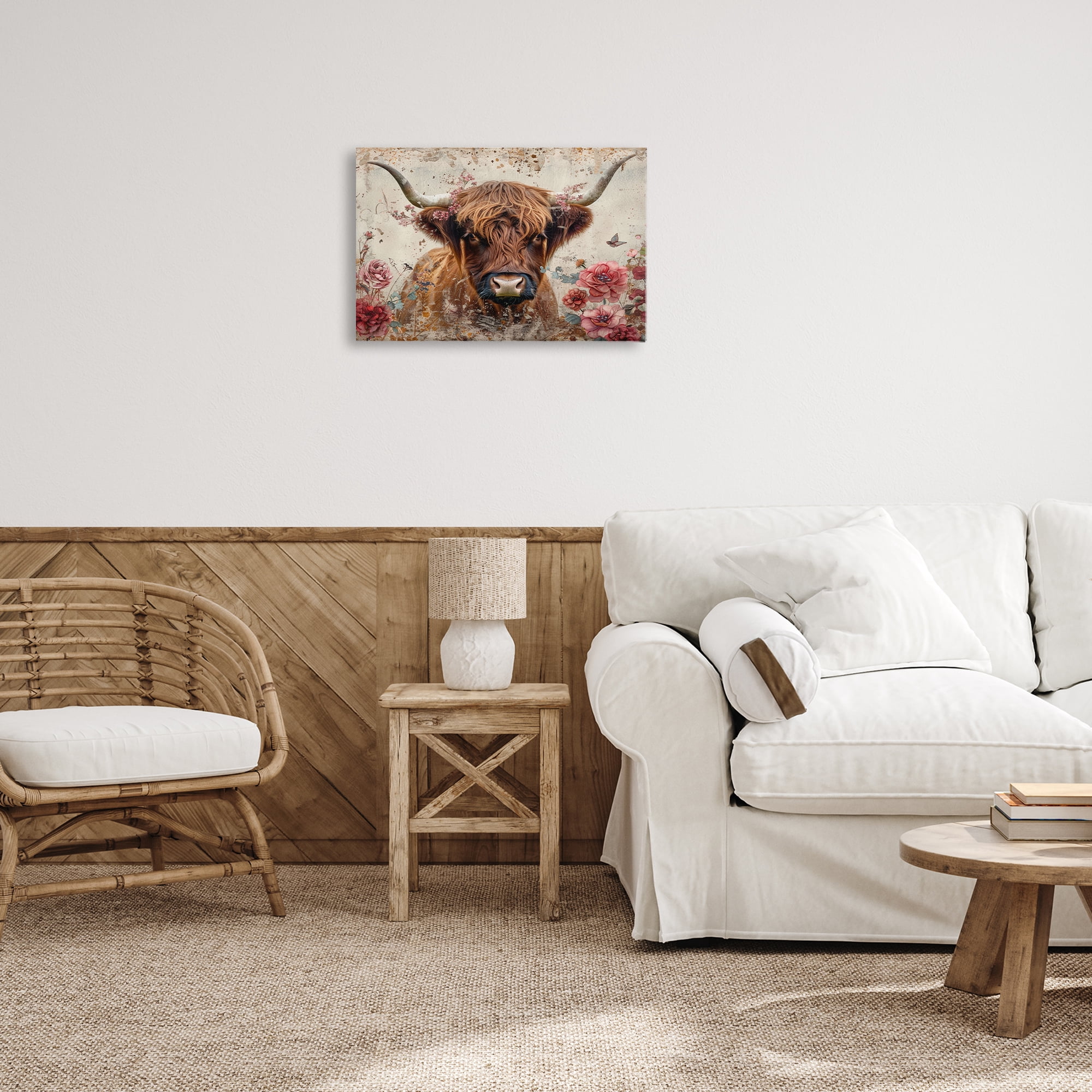 Stupell Industries Highland Cow in Spring Animals Painting Wrapped Canvas Art Print Wall Art, 24 x 16