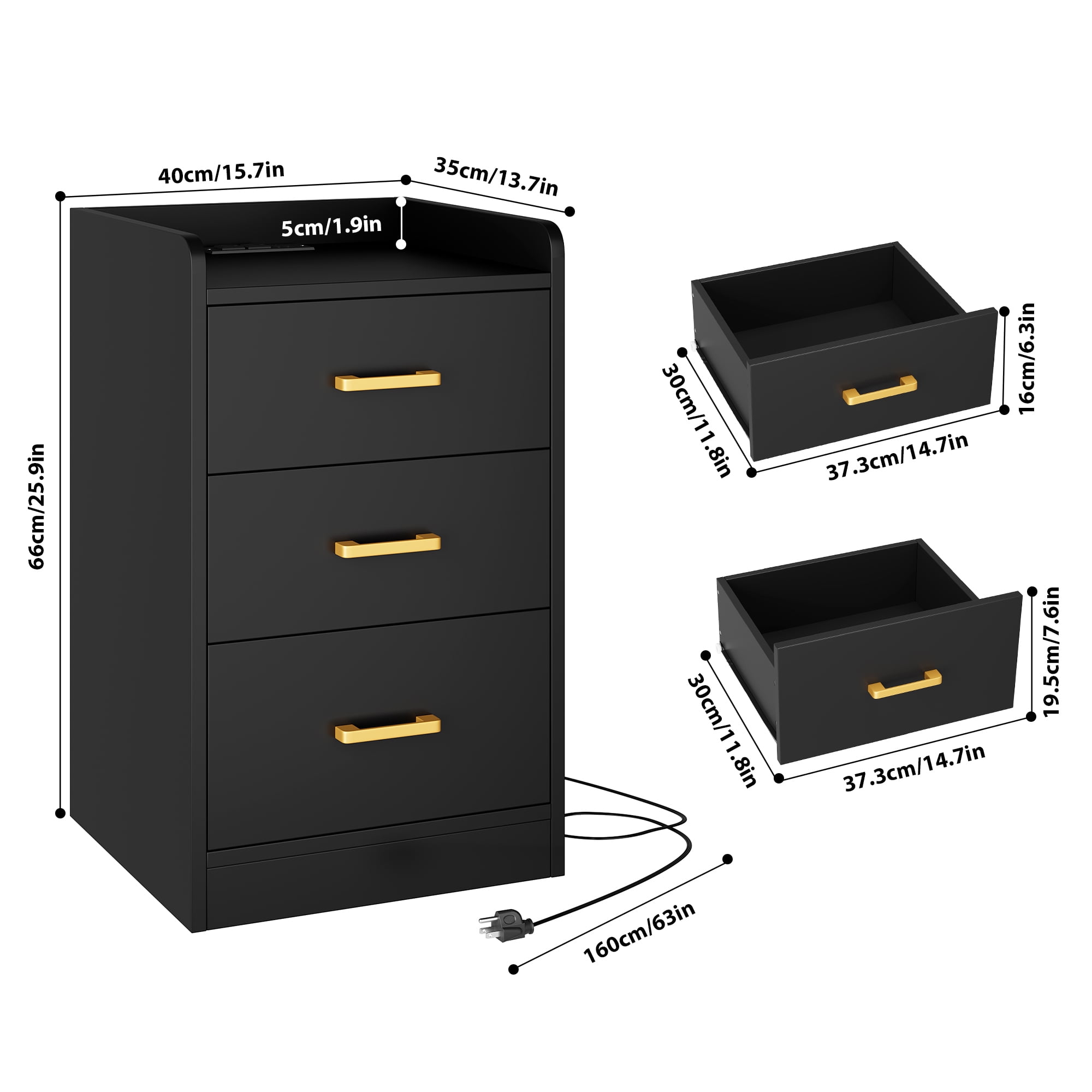 Homfa Nightstand with Charging Station, 3 Drawers Nightstand for Bedroom, Modern Storage Cabinet for Living Room, Black