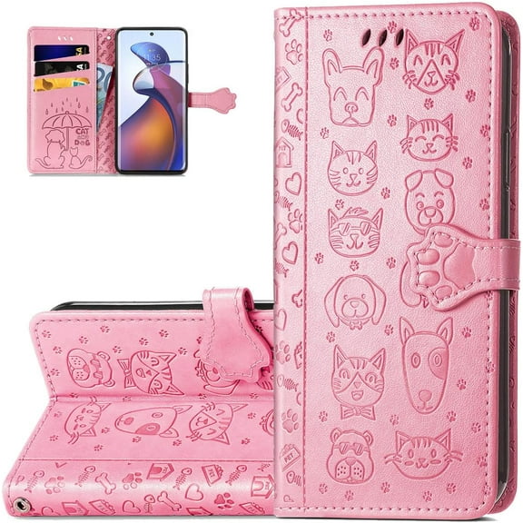 Wallet Phone Case for Motorola Edge 30 Fusion,Cute Cartoon Cat Dog Pattern PU Leather Case with Magnetic Clasp and Cash Card Slots Holster Cover for Moto Edge 30 Fusion,CD Pink