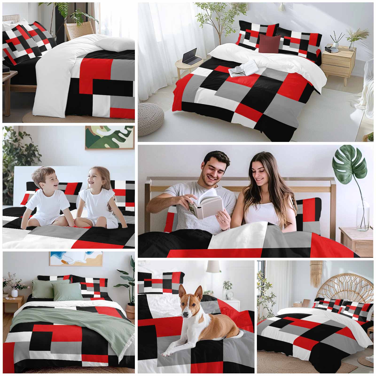 Red Black Grey Geometric Duvet Cover Set, Modern Abstract Art Luxury Soft Duvet Cover Queen Size Bedding Set 4 Pieces, 1 Quiltcover and 2 Pillowcases with Zipper, 1 Bed Sheet for All Seasons