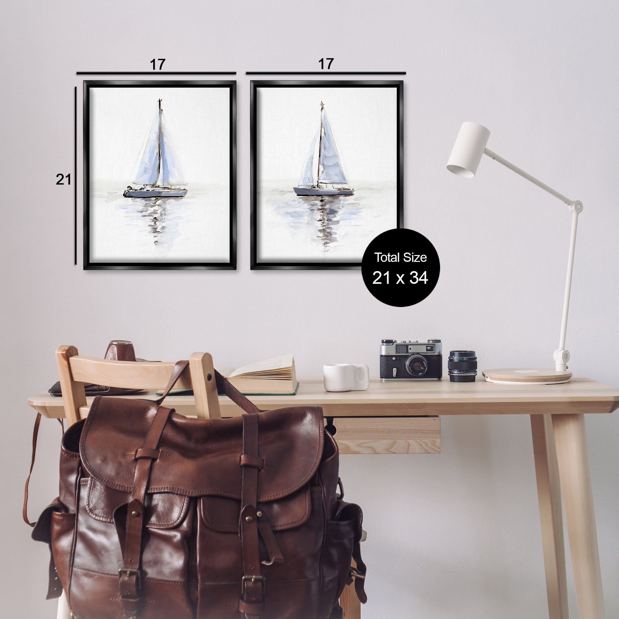 Stupell Industries Watercolor Sailboat Calm Water Transportation Painting Black Floater Framed Canvas Art Print Wall Art, 17 x 21, Set of 2