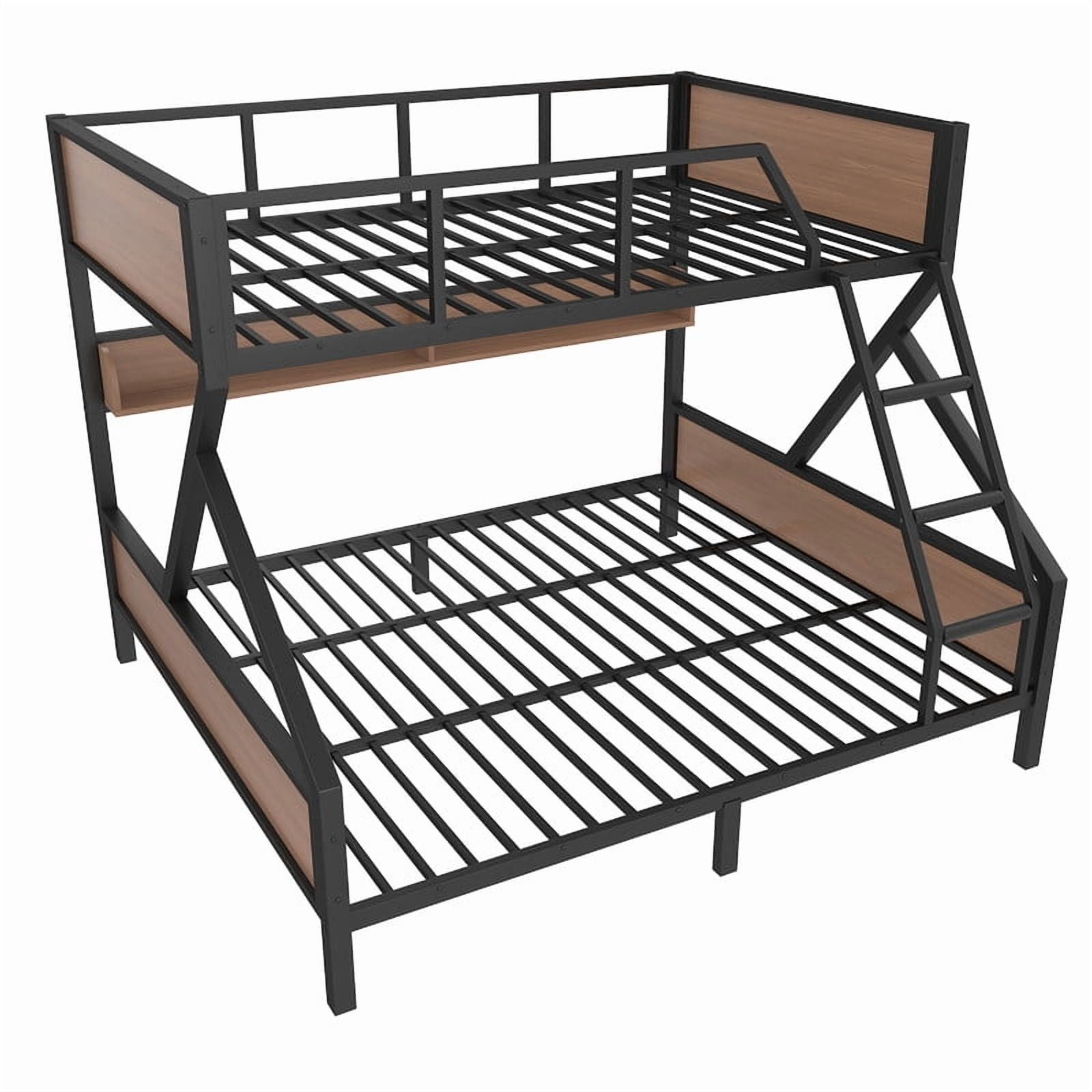 Queen over King Size Metal Bunk Bed, Kids Teens Chic Bed Frame with Bedside Storage Shelves and LED Light Strip