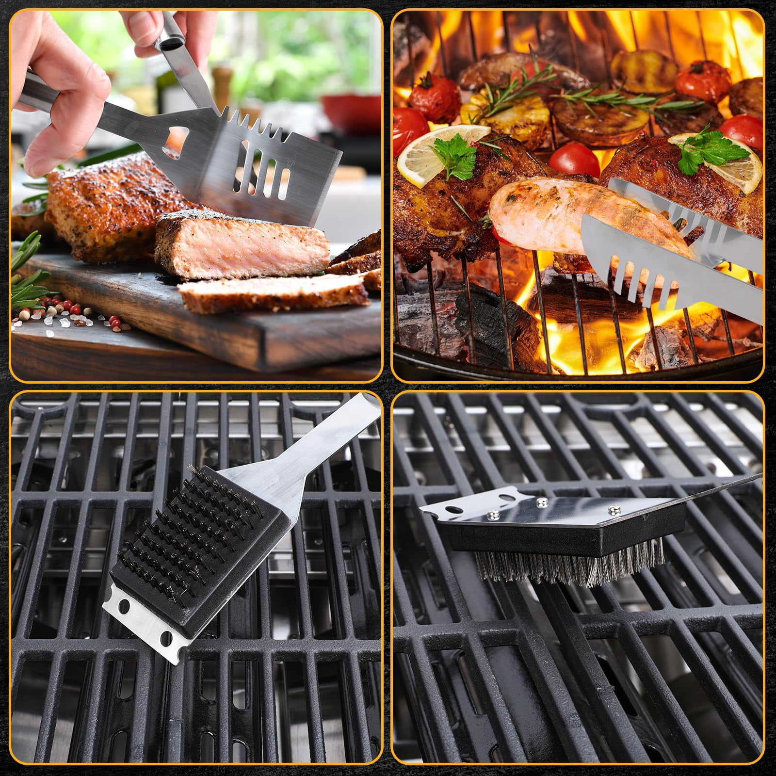 LHRIVER Stainless Steel BBQ Grill Tools Set with Storage Bag, 3 Pieces Include Tong, Spatula, Cleaning Brush
