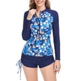 thumbnail image 1 of Paquete de 2 trajes de baño para mujer, cierre de cremallera frontal, pantalones cortos con cordón lateral, traje de baño de manga larga, estampado de hojas azules S, 1 of 7