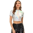 thumbnail image 1 of Top corto metalizado de manga corta con cuello alto para mujer Plata M, 1 of 4