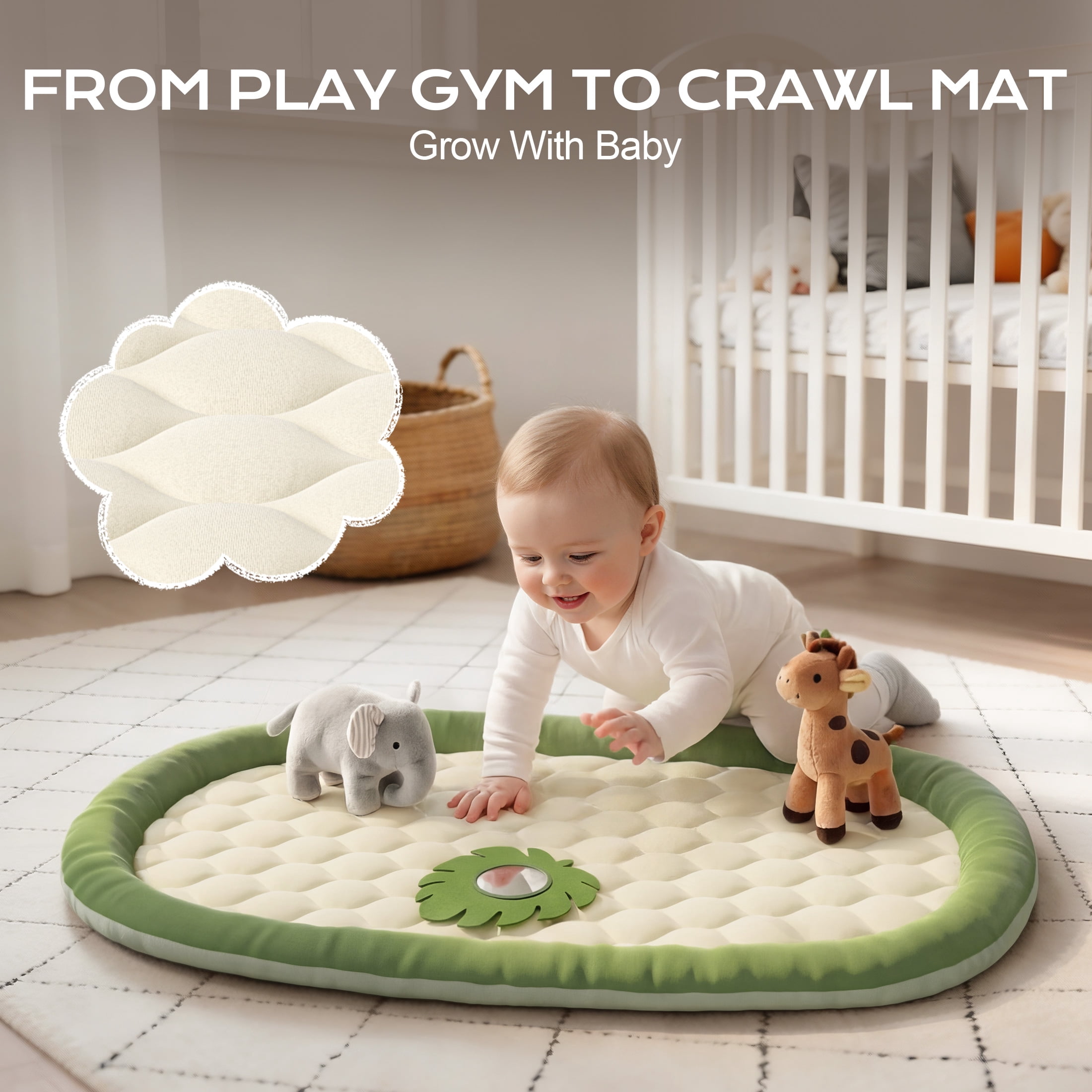 Babyomi Thickened Baby Play Gym and Activity Mat, Washable Tummy Time Mat with Detachable Sensory Toys & Cards Promote Motor Skills, Non Slip Mat for Infant Gift,Green