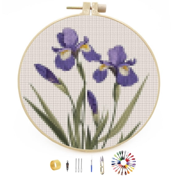 Iris Flower Easy Stamped Cross Stitch Kits for Beginners with Hoop Simple Patterns 11CT Counted Embroidery Needlepoint Crafts Arts for DIY Enthusiasts and Home Decor 26x26cm(4)