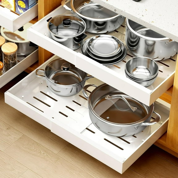 2-Pack Expandable Pull Out Cabinet Organizer, 21" Deep Cabinet Organizer for Kitchen Cabinets with Raising Pad for Framed Cabinets, Adhesive Drawers for Bathroom Bedroom Pantry, 12"-20.5" W