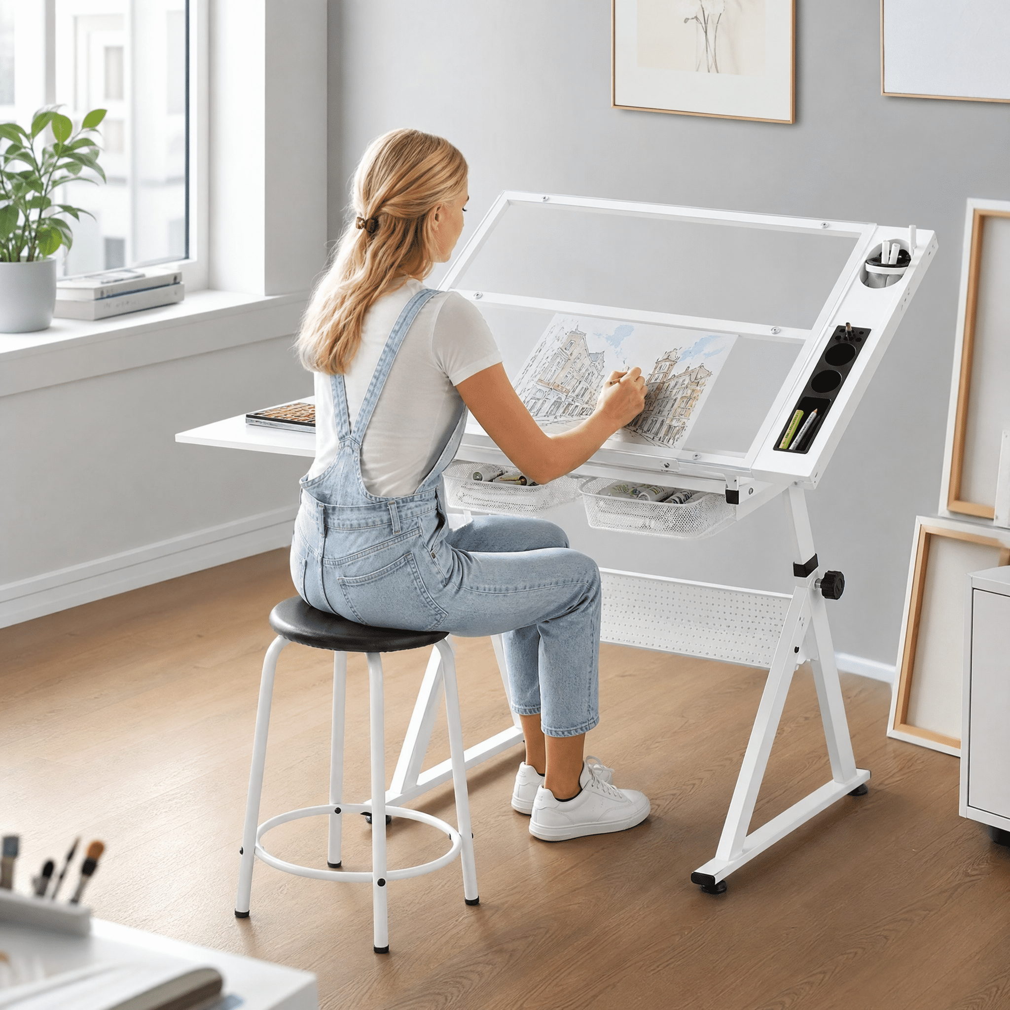 Adjustable Tempered Glass Drafting Printing Table With Chair