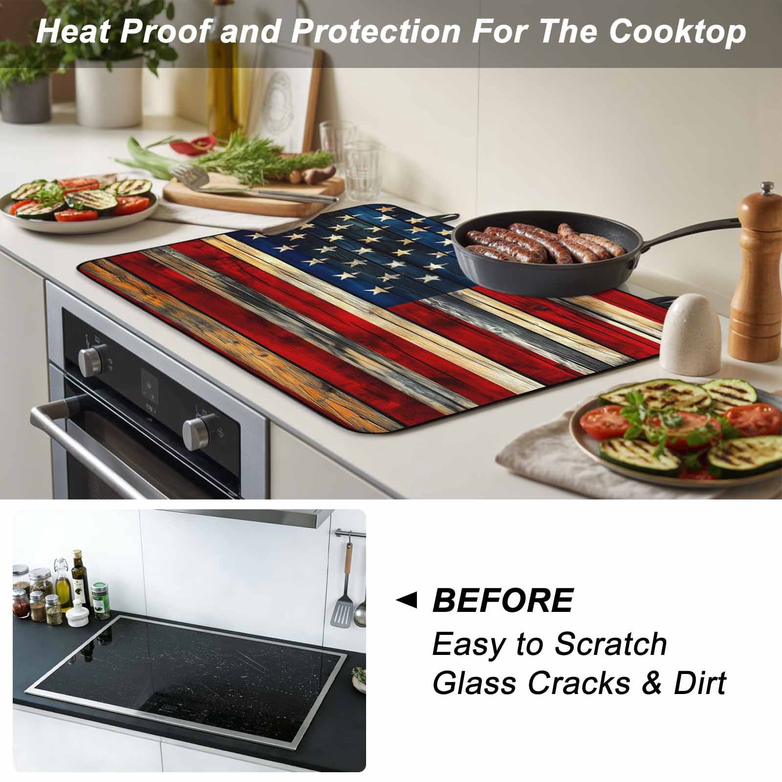 Retro American Flag Stove Top Cover for Electric Stove, Heat-proof & Non Slip Glass Top Stove Cover Protector, Blue Red USA Flag Vintage Wood Kitchen Flat Cooktop Rubber Mat 24x21 Inches
