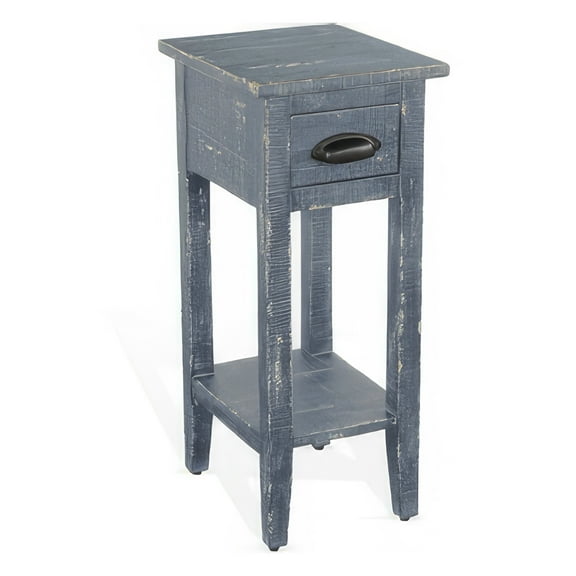 Rena Chairside Table with Drawer and Shelf, 14 Inch Blue Mahogany Wood