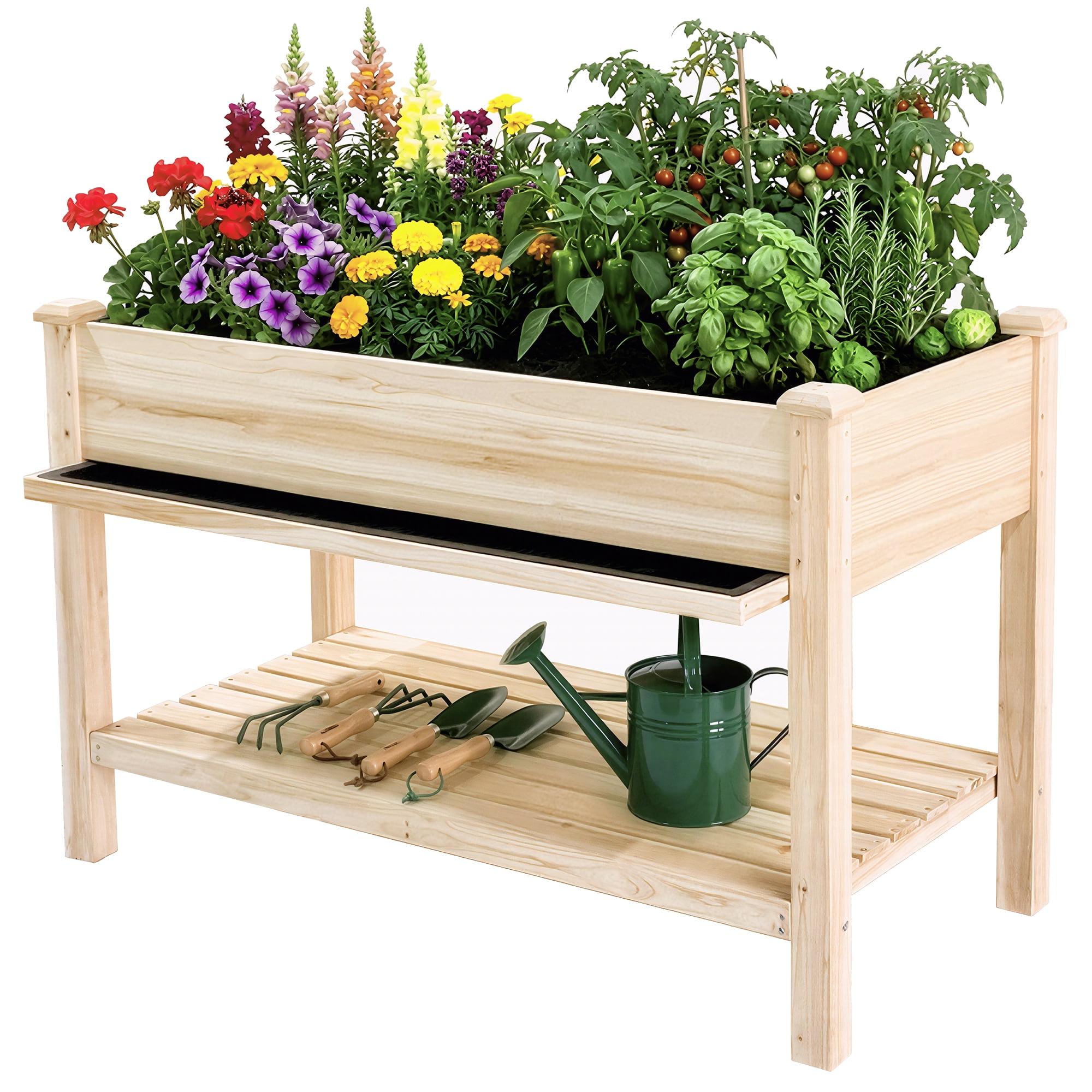 Raised Garden Bed 48x23x31.1 Inch, Elevated Wood Planter with Water Collection Tray & Storage Shelf, Outdoor Garden Box for Vegetables, Herbs, Flowers, Natural