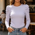 thumbnail image 2 of MYAOYINo Boundaries Womens Ribbed Knit Puff Sleeve Top Crew Neck Fitted Long Sleeve Shirt, 2 of 6