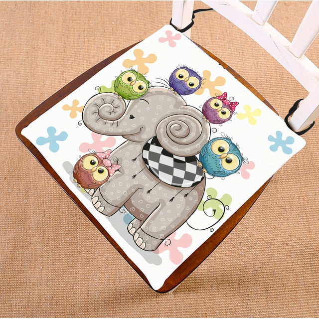 ABPHQTO Bonito elefante de dibujos animados, cinco búhos, flores, cojín para silla, cojín para asiento, cojín para silla, cojín para suelo, 45x45 cm