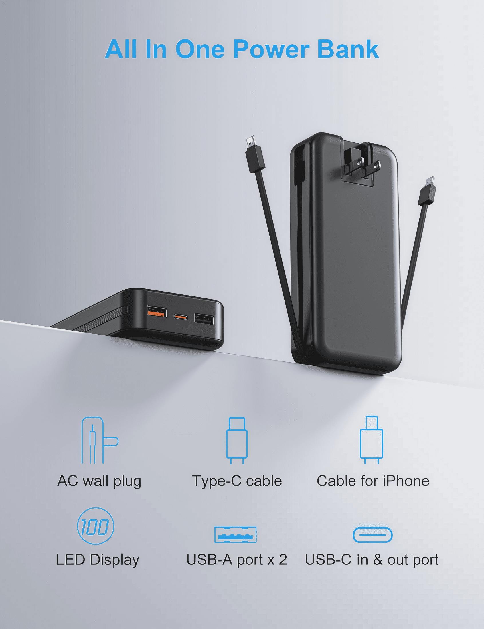 20000mAh Portable Charger Power Bank for iPhone, Cell Phone Portable Power Banks with Built-in Cables and AC Wall Plug, Dual USB Output Battery Pack for Android, Galaxy, Pixel