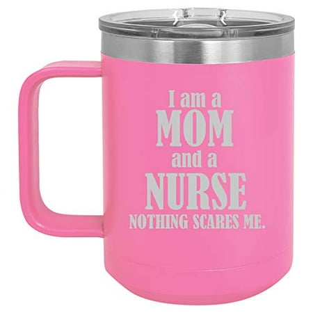 

15 oz Tumbler Coffee Mug Travel Cup With Handle & Lid Vacuum Insulated Stainless Steel Nurse Mom (Hot Pink)