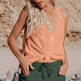 thumbnail image 2 of Womens V Neck Henley Button Front Tank Tops Sleeveless Top Cotton Linen Racerback Tie Front Knot Loose Fit Summer Casual Daily Vest, #02 Orange, XL, 2 of 7