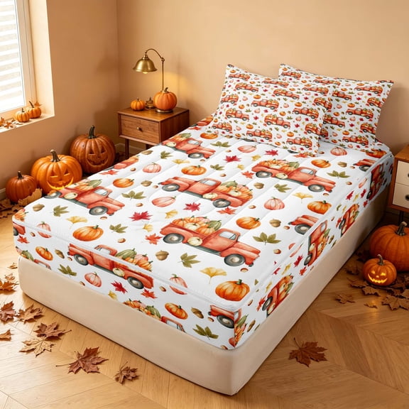 Homewish HFarm Truck Pumpkin Zipper Twin Comforter Sets with Fitted Sheet and 2 Pillowcases, Autumn Maple Leaf Zipper Bedding Set, White Orange, Reversible