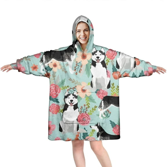 Wearable Oversized Blanket,Husky and Pioneer Flower Wearable Blanket Hoodie for Adults,Cozy Hooded Blankets with Super Pockets,Super Warm Fuzzy Pullover for Women & Men