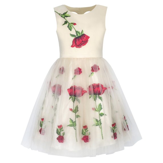 Girls Dress Champagne Rose Flower Embroidery Heart Shape Back 7