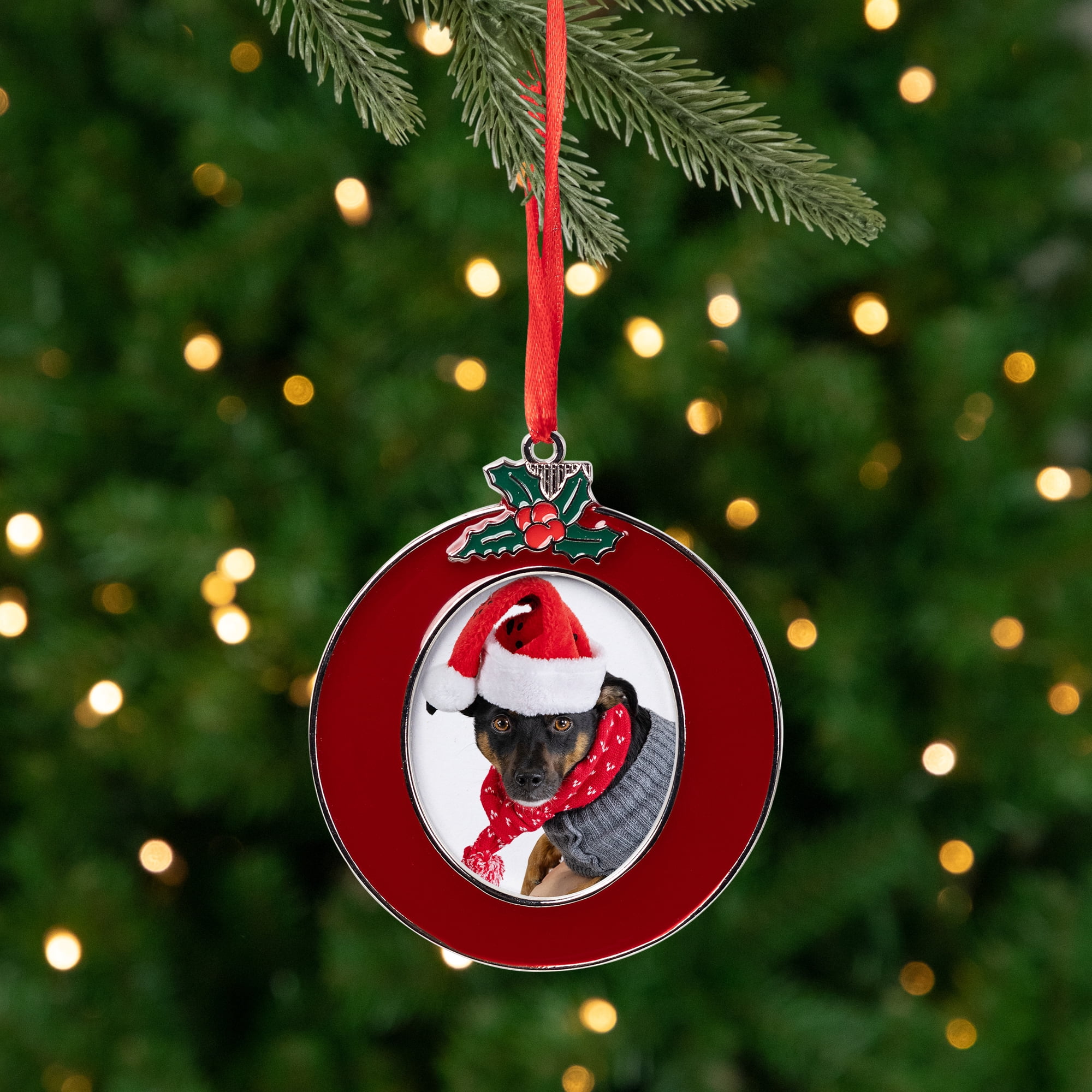 Holly Berry Wreath Photo Frame Christmas Ornament - 3.25"