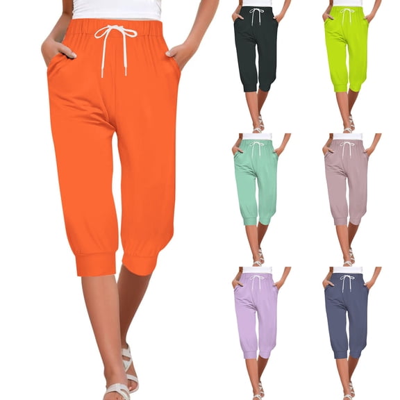 YVNAURA Women's 3/4 Elastic Waist Cotton Shorts with Pockets, 2026 Summer High Waisted Loose Fit Cropped Pants Over The Knee, Casual Drawstring Capri Pants for Vacation Daily Wear,Orange,L
