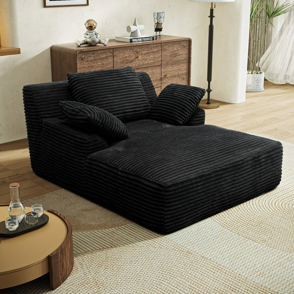 Kallabe 51'' Chaise Lounge Chair Sofa Bed, Black Corduroy Cloud Couch, Oversized Fluffy Sleeper Sofa, Boneless Lounge Chair for Living Room, Bedroom, No Assembly
