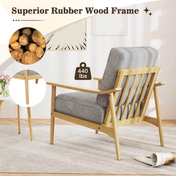 Auranook Modern Accent Chair Upholstered Leisure Armchair w/ Rubber Wood Armrests & Legs