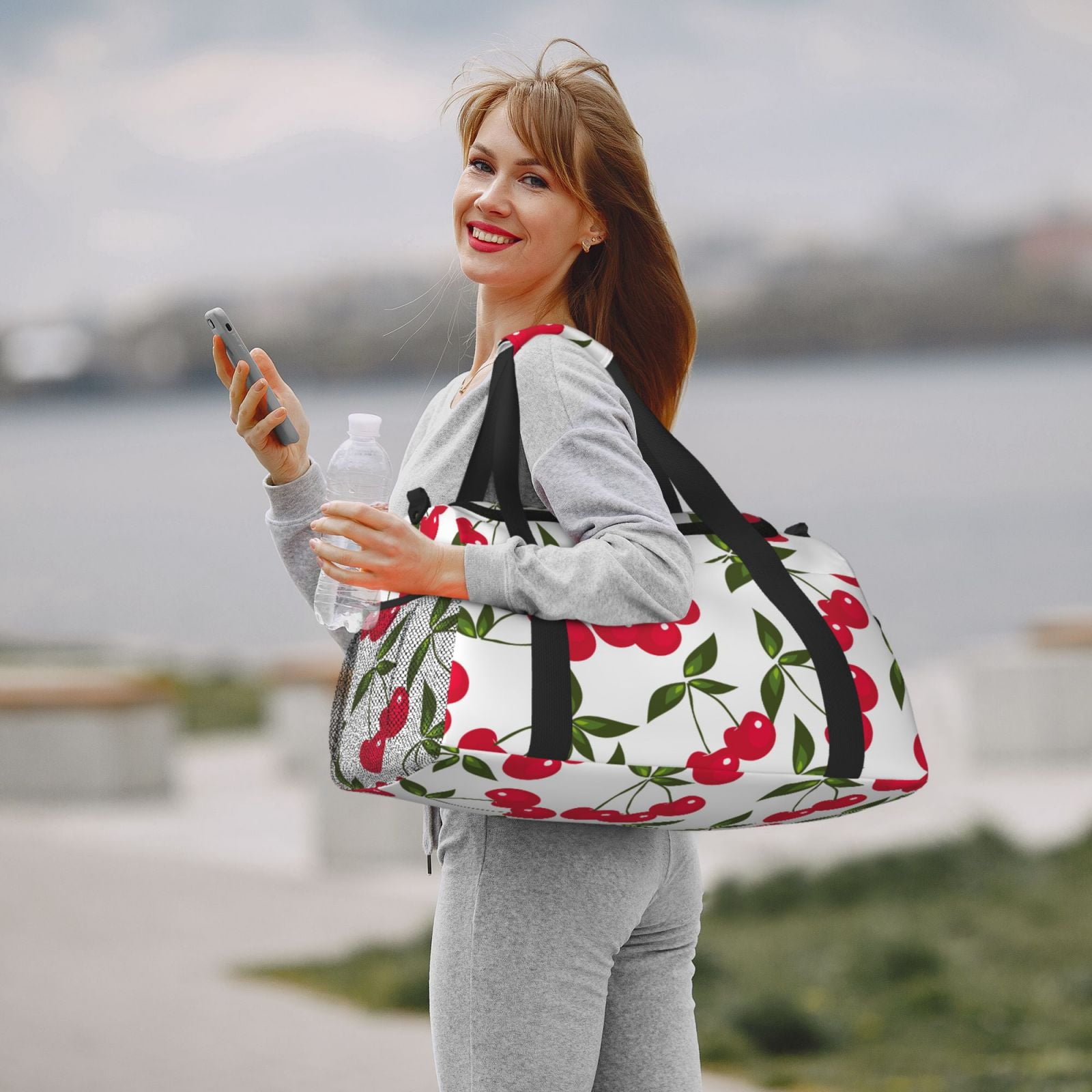 Kuqiui Cherry Print Foldable Travel Duffel Bag Tote Carry on Luggage Bag Personal item Sports Gym Bag Water Resistant Weekender Overnight Bags for Women and Men