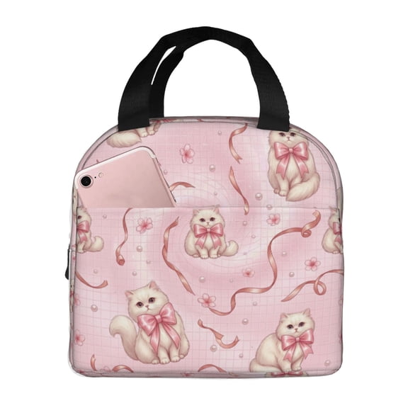 Cat Lunch Bag Cute Cartoon Pattern Reusable Cooler Tote with Front Pocket Handheld Portable Meal Prep Bag for Work Office Picnic Daily Use Animal Print