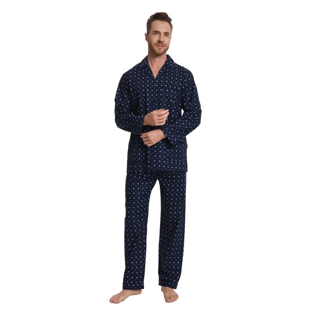 Apparonia Conjunto de Pijamas para Hombre de Algodón con Cuello con Muesca Pijamas para Hombre de Manga Larga Ropa de Dormir para Hombre con Bolsillos y Frente Fly Estampados Azul Marino L